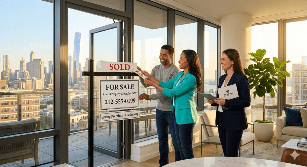 A happy couple places a "Sold" sticker on a Randall Property Group yard sign inside a luxury NYC apartment with floor-to-ceiling windows. A professional female agent stands nearby holding a folder as the sun sets over the Manhattan skyline and One World Trade Center.