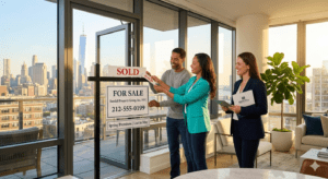 A happy couple places a "Sold" sticker on a Randall Property Group yard sign inside a luxury NYC apartment with floor-to-ceiling windows. A professional female agent stands nearby holding a folder as the sun sets over the Manhattan skyline and One World Trade Center.