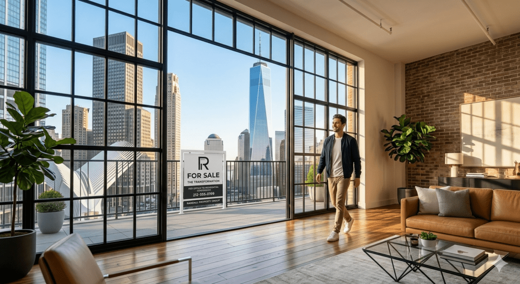 A man walks through a modern industrial-style luxury loft in the Financial District, NYC. Large black-framed windows offer views of One World Trade Center and the Oculus, with a Randall Property Group "For Sale" sign visible on the terrace.