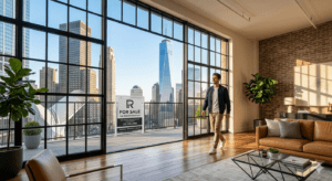 A man walks through a modern industrial-style luxury loft in the Financial District, NYC. Large black-framed windows offer views of One World Trade Center and the Oculus, with a Randall Property Group "For Sale" sign visible on the terrace.