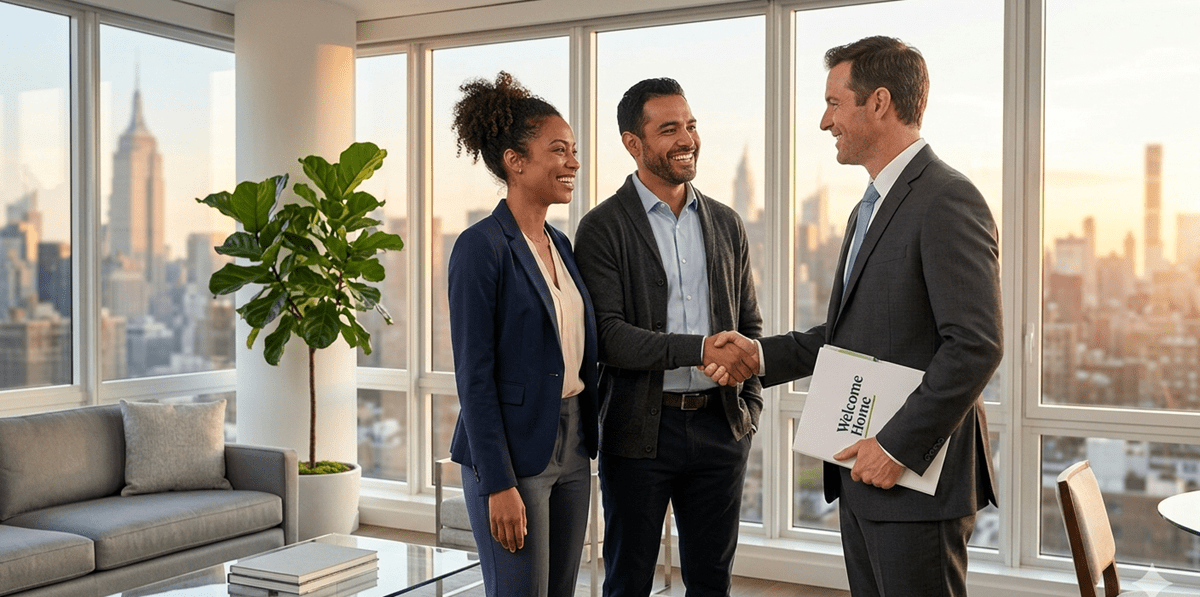 Happy diverse couple shaking hands with a smiling male real estate agent holding a "Welcome Home" folder. They stand in a high-rise NYC apartment overlooking the Manhattan skyline at sunset.