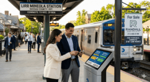 A professional couple checks LIRR commute times on a digital kiosk at the Mineola Station in Nassau County. An arriving train is in the background, along with a Randall Property Group "For Sale" sign advertising homes in the $1M–$3M range.