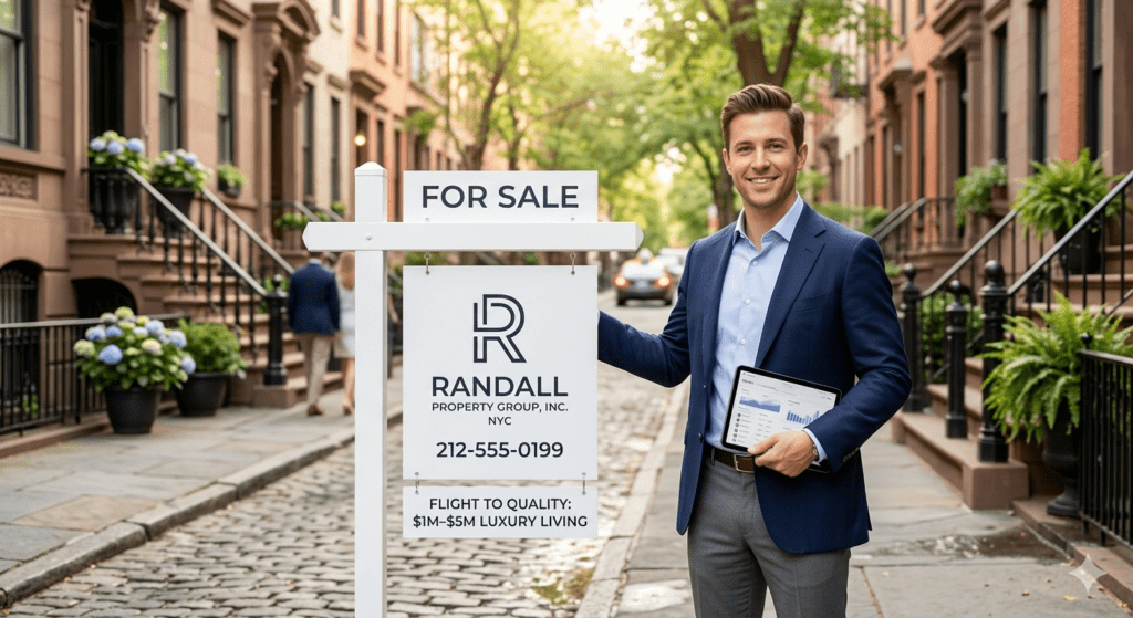 A smiling male real estate agent from Randall Property Group stands on a cobblestone street lined with classic New York City brownstones. He holds a digital tablet next to a "For Sale" sign that reads "Flight to Quality: $1M–$5M Luxury Living."