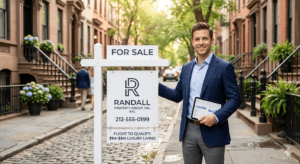 A smiling male real estate agent from Randall Property Group stands on a cobblestone street lined with classic New York City brownstones. He holds a digital tablet next to a "For Sale" sign that reads "Flight to Quality: $1M–$5M Luxury Living."