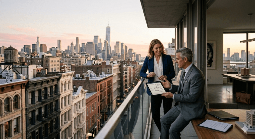 A professional real estate agent and client discussing a property deal on a luxury SoHo penthouse balcony, overlooking the Manhattan skyline at sunset.