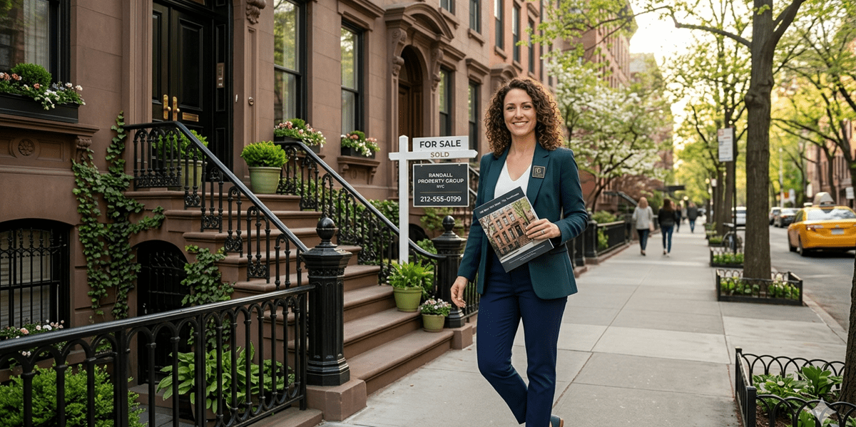 A female real estate agent in a teal blazer holding a brochure and standing in front of a classic New York City brownstone with a "SOLD" sign and her brokerage, Randall Property Group, Inc. NYC, visible