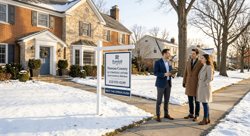 A Randall Property Group real estate agent discusses a Q1 strategic listing with a young couple in front of a beautiful brick and stone Nassau County home. The yard is covered in a light layer of snow, and a "For Sale" sign features the text "Beat the Spring Rush."