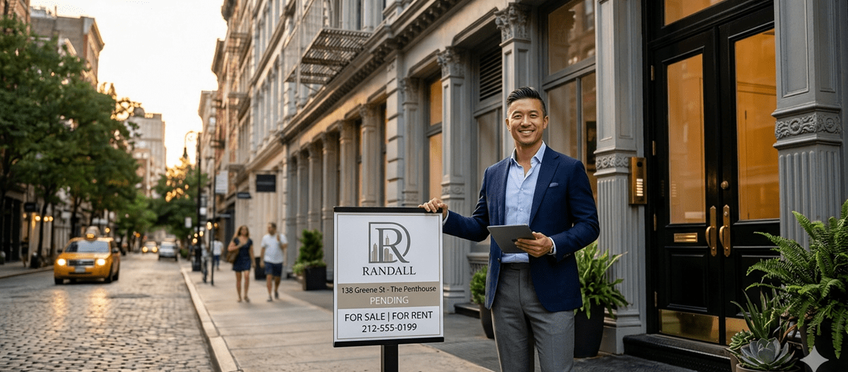 A male real estate agent stands on a cobblestone street in SoHo, New York City, in front of 138 Greene St. He holds a tablet next to a "Pending" sale sign for "The Penthouse" at Randall Property Group