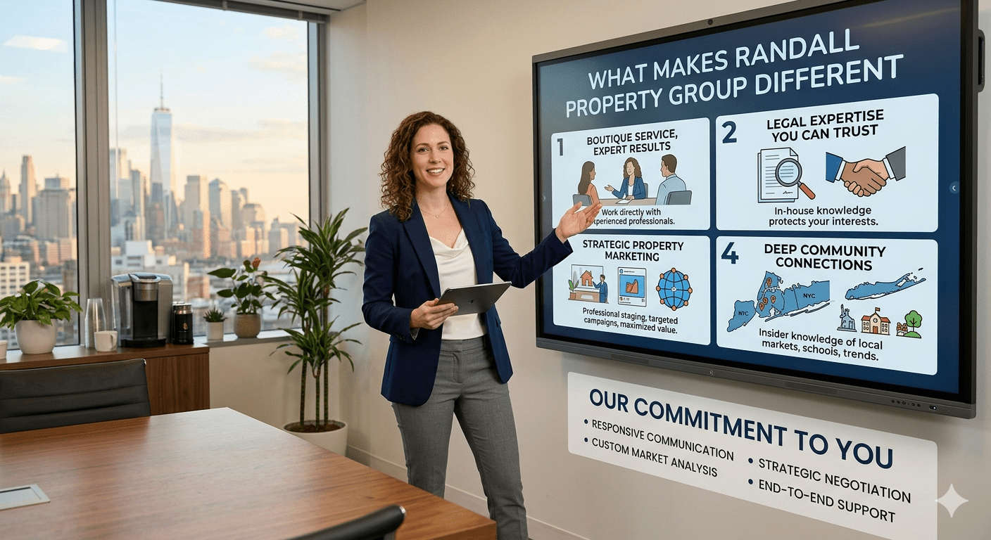 A professional real estate agent presents the "What Makes Randall Property Group Different" value proposition in a modern NYC office. The presentation screen illustrates four key points: Boutique Service, Expert Results; Legal Expertise You Can Trust; Strategic Property Marketing; and Deep Community Connections, along with a commitment to Responsive Communication, Custom Market Analysis, Strategic Negotiation, and End-to-End Support